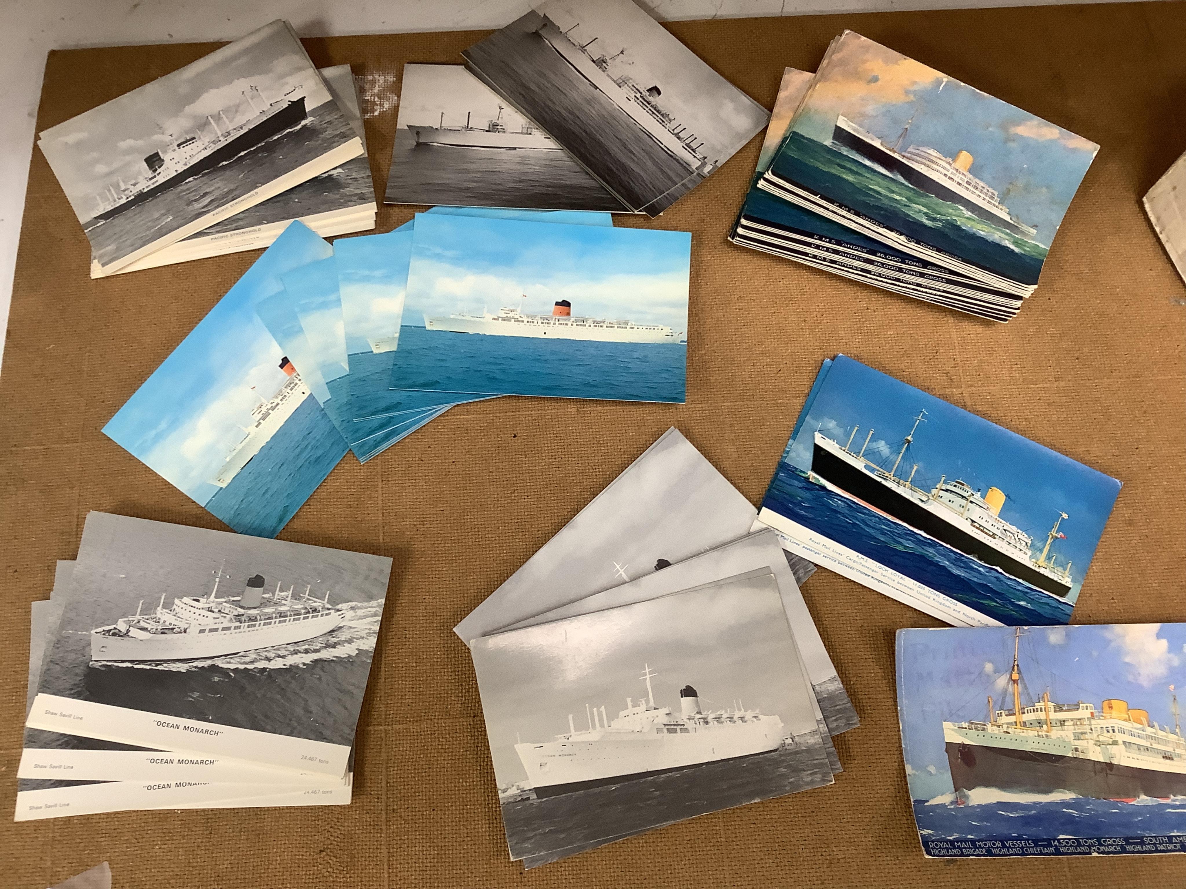 A box and two folders of postcards and a few cigarette cards, mainly relating to the Royal Mail Steam Packet Company and Royal Mail Lines Ltd., including a good quantity of 1930s and later postcards of cruise ships, many